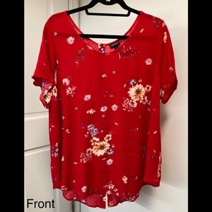 Torrid Abbey-red floral gauze button-back blouse